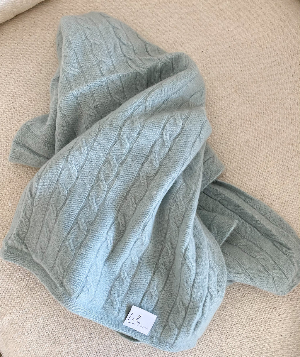 100% CABLE KNIT CASHMERE BLANKET SLATE BLUE
